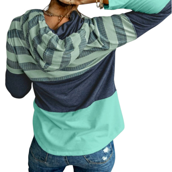 Pullover Hoodie Stripe Colorblock Womens Top Sz XL Green Blue Long Sleeve Shirt - Picture 5 of 16